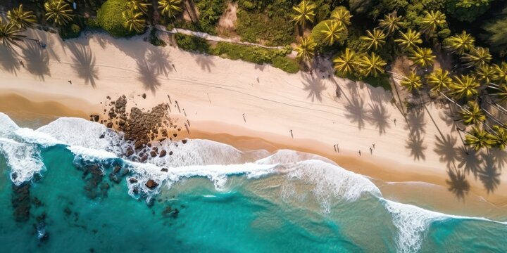 Generative AI. Top view of the tropical beach. Beautiful view of the ocean with palms, beach and small people. Beautiful landscape. 