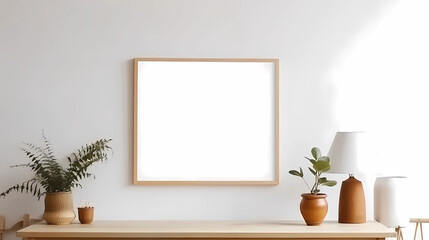 minimalist home decoration with blank white frame mockup on wall