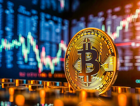Virtual Currency Bitcoin, Bitcoin trading price going uo, BTC,  chart up arrow for cryptocurrency market news, Generative AI
