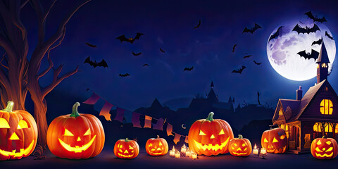 Halloween night pumpkins with dark castle background,Generative AI.