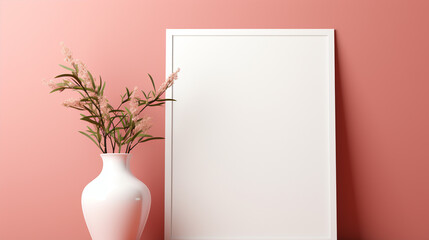 mockup of white frame and vase with plant floral decoration for creative advertising presentation product. combined with a bright color background. 