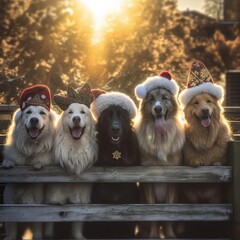 cute dogs of different breeds in New Year's hats. Banner with animals with a festive theme. Winter scene with garland and Christmas tree. Generative AI
