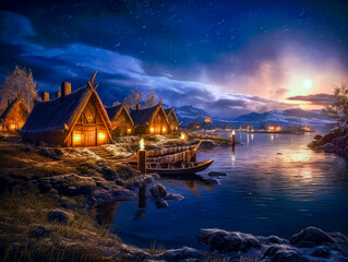 Viking village with illuminated houses by a lake at night, Generative AI