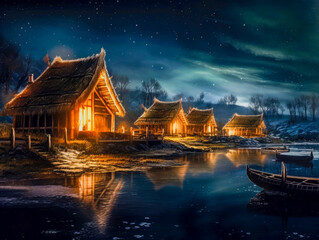 Fototapeta premium Viking village with illuminated houses by a lake at night, Generative AI