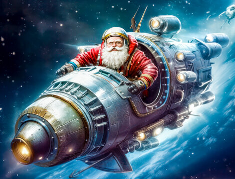 Santa Claus on a rocket sled delivers gifts for Christmas, Generative AI