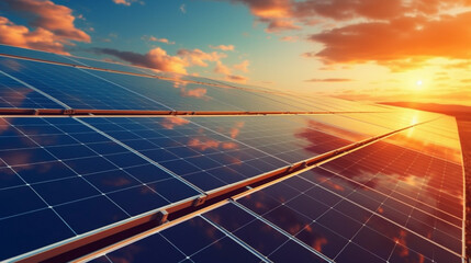 Solar panel with blue sky and sunset. concept clean energy, electric alternative, power in nature.
