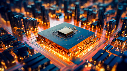 Surreal science fiction cityscape of a micro city, microchip, processor, electronics, circuit, generative AI