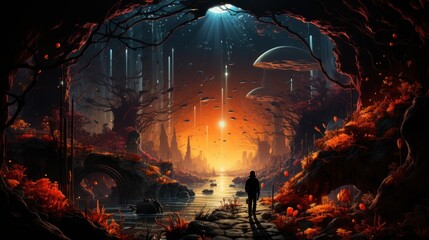 A stunning underwater scene with a diver leaping into a vibrant neon sea, surrounded by colorful coral reefs and marine life, evoking a sense of adventure and exploration. Created with Generative AI