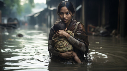 Climate Change, Flooding, mother with Child in water
