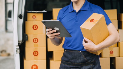 Starting small businesses SME owners man entrepreneurs working, box and check online orders to prepare to pack the boxes, sell to customers, sme business ideas online.