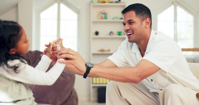 Sign language, learning and father with girl in home for development in homeschool. Education, care and dad with deaf child with hearing disability, bonding and happy man teaching asl hand gestures.