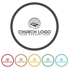 Church and book logo design template. Set icons in color circle buttons