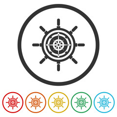 Steering wheel and compass rose navigation symbol. Set icons in color circle buttons
