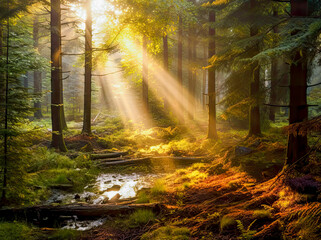 Fototapeta premium Sun shines through the trees in the forest on a sunny day. Generative AI