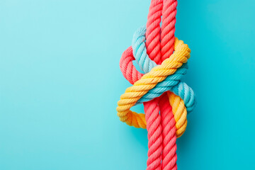 Top view of colorful ropes tied together on light blue background, space for text