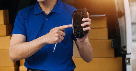 Starting small businesses SME owners man entrepreneurs working, box and check online orders to prepare to pack the boxes, sell to customers, sme business ideas online.