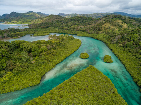 Aerial photograph of mangroves and sandbars along Venas Azules area, Portobelo, Panama - stock photo