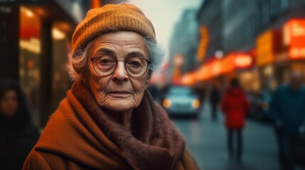 Obraz premium a lonely old woman on a street in the big city, fictional person and place, Generative Ai