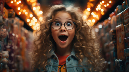 Joyful Astonishment. Young Girl's Shocked Expression Amidst a Sea of Toys. Childhood Wonder. AI Generative