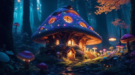 Fototapeta na wymiar Noite Mágica: Casa de Duendes em Cogumelo, Aninhada na Encantadora Floresta dos Sonhos