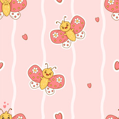 Seamless pattern with cute cartoon butterfly on striped light pink background. Groovy vector Illustration for kids collection, wallpaper, design, textile, packaging, decor.