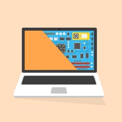 Riparazione laptop, servizio informatico. Scheda madre nella sezione dello schermo. Illustrazione elettronica fai da te tecnologia assistenza tecnica
