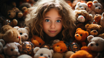 Joyful Astonishment. Young Girl's Shocked Expression Amidst a Sea of Toys. Childhood Wonder. AI Generative