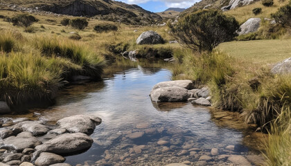 Naklejka na ściany i meble Tranquil scene of mountain range reflecting in pond generated by AI