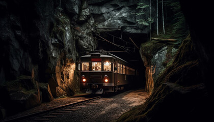 Fototapeta na wymiar Old fashioned cable car illuminates dark mountain night generated by AI