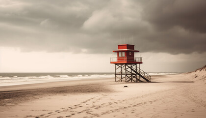 Tranquil lifeguard hut on abandoned coastline generated by AI