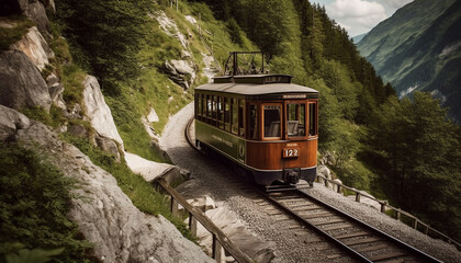 Overhead cable car transports tourists to mountain peak generated by AI