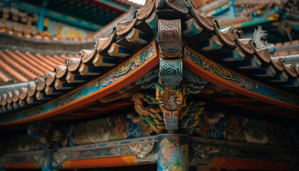 Obraz premium Ancient pagoda roof decorated with dragon pattern generated by AI