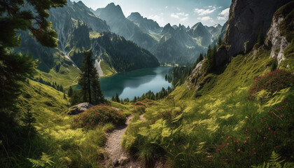 Majestic mountain range reflects in tranquil pond generated by AI - obrazy, fototapety, plakaty