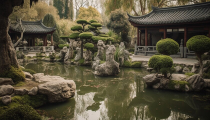 Tranquil pond reflects ancient pagoda in nature generated by AI - obrazy, fototapety, plakaty