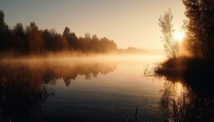 Tranquil scene, nature beauty, backlit tree silhouette generated by AI