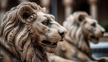 Fototapeta na wymiar Majestic lion close up portrait, focus on mane generated by AI