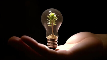 Human hand holding a light bulb with a plant Ai generated image