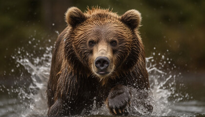 Naklejka na ściany i meble Grizzly bear running through wet forest pond generated by AI