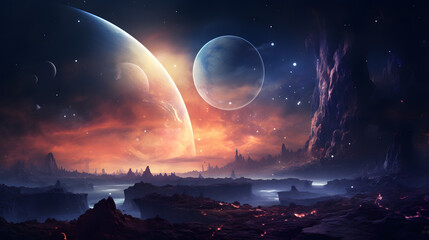 Fototapeta premium A space landscape featuring a couple planets and storms, in the style of depth of field, majestic, sweeping seascapes, captivating light, celestialpunk, nebula, starship
