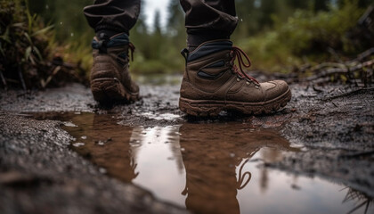 Wet hiking boot splashing through muddy forest path generated by AI
