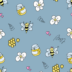 Cute smiling bee with honey and flowers - colorful hand drawn seamless pattern on blue background