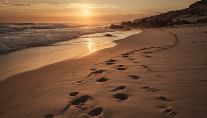 Sunset over tranquil seascape, golden footprints left generated by AI