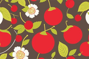 Vector background with berries and 
flowers of cherry.
Pattern with red berries.