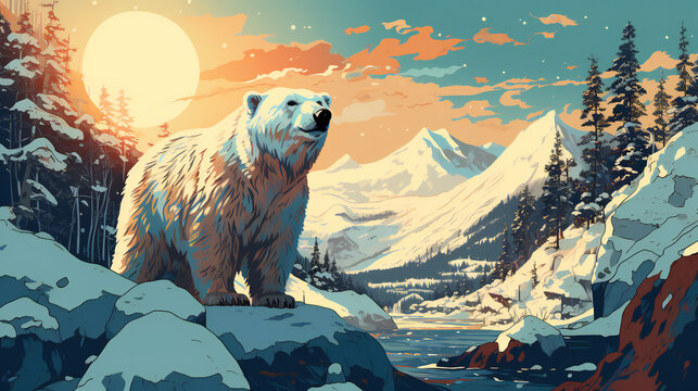 portrait of a polar bear on the rock, snowy trees and mountains in the background,  vexel art