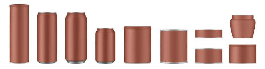 Set of brown tin cans and jars. Coffee or tea canister. Tin can for preserves or pet food. Beer, cocktail or soda can. Chips tube. Cookie jar. Round box for sugar or flour