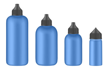 Set of blue squeeze bottles. Colorful hair dye, oxidant cream. E-juice vape liquid. Foundation container