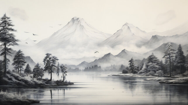 monochromatic, grayscale landscape with a lake and mountains in the background