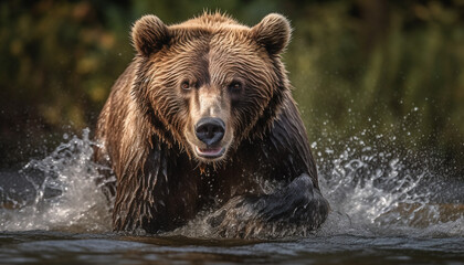 Fototapeta na wymiar Majestic grizzly bear splashing in blue pond generated by AI