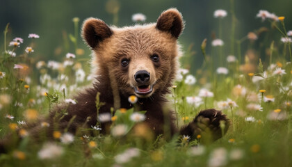 Naklejka na ściany i meble Fluffy panda cub eating dandelion in meadow generated by AI