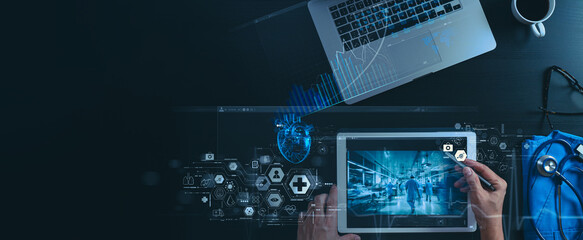 Telemedicine concept,Hand holding smartphone Medical Doctor online communicating the patient on VR medical interface with Internet consultation technology